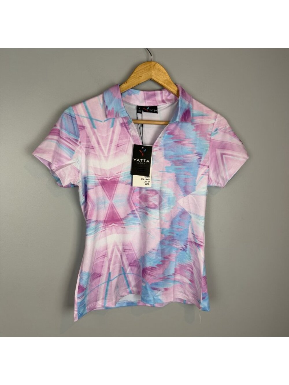 Yatta Golf Women’s Polo Shirt Size Small Pink Blue Abstract 4-Way Stretch NWT